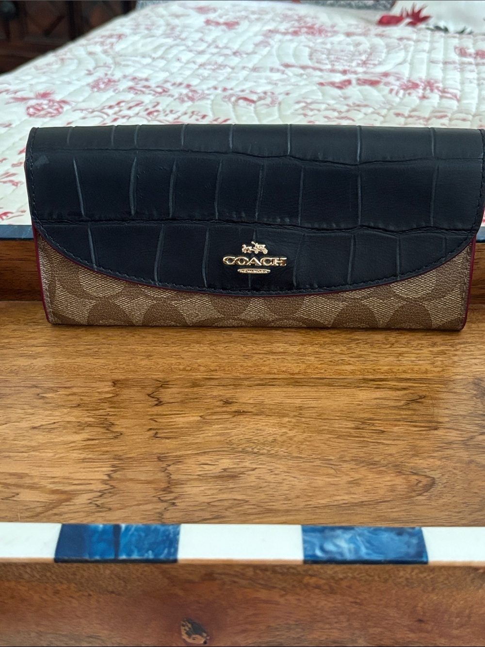 NWT Coach Slim Wallet Black Croc-Embossed Leather with Signature Brown Canvas